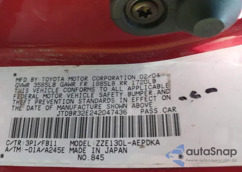 2004 Toyota Corolla Ce z USA, uszkodzony, nr VIN JTDBR32E242047436